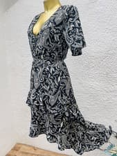 Image of PeP&Co Black White Paisley Print Ruffle V-Neck High-Low Midi Dress size 18