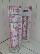 Image of 6 Bialetti Romantic Wild Moka Porcelain Stackable Espresso Cups Shot 60ml Pink