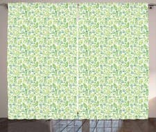 Image of Green and White Curtains Watercolor Leaves
