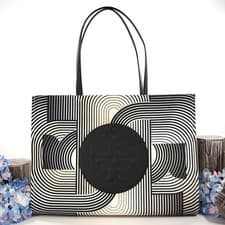 Image of Tory Burch Ella Infinity T Black Cream Nylon Natural Leather Large Tote Bag NWT