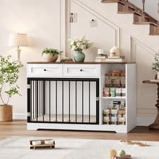 Image of Dog Crate Furniture 120cm Wooden Cage Double Door Storage Drawers Farmhouse