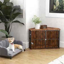 Image of PawHut Corner Dog Crate Furniture with 2 Bowls for Small & Medium Dogs