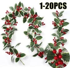 Image of 1-20x 2M Christmas Red Berries & Holly Garland Foliage Xmas Fireplace Home Decor