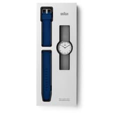 Image of Braun BN0281 unisex watch. White dial with Steel Mesh and Blue Silicone straps.