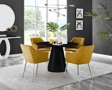 Image of Palma Black Semi Gloss 120cm Round Dining Table & 4 Calla Velvet Dining Chairs