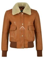 Image of Ladies Petite Bomber Leather Jacket Tan Fur Collar B3 RAF Classic Style 5118