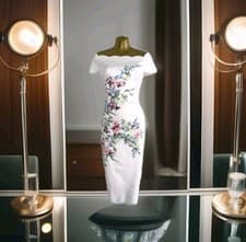 Image of TED BAKER TRIXIIY Floral Bardot Midi Dress Size TB 3 UK 12 Wedding Guest *