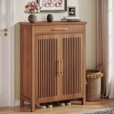 Image of Shoe Cabinet 5-Tier Shoe Storage Rack Organizer with Louvered Doors and Drawer