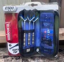 Image of SportCraft Unicorn E500 Soft Tip Nickel Plated Dartboard Darts Set Of 3 W/ Case