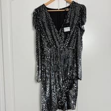 Image of Biba Silver & Black Sequin Wrap Dress UK 8 (XS) Party Brand New Rrp £199