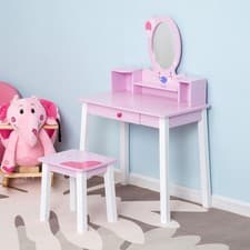 Image of Kids Wooden Dressing Table with Stool Mirror Table and Desk Set Toys Pink