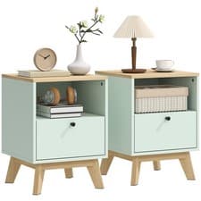 Image of Bedside Table with Drawer and Open Shelf, Modern Nightstand Set of 2 Refurbished