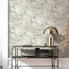 Image of Sage Green Marble Wallpaper Metallic Shimmer Ripple Liquid Effect Feature Lounge