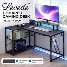 Image of Levede Gaming Desk with LED Lights Shelf Corner L-Shaped Computer Table Charging