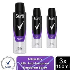 Image of Sure Men Anti Perspirant 48H Protection Active Dry Deodorant, 3 Pack, 150ml