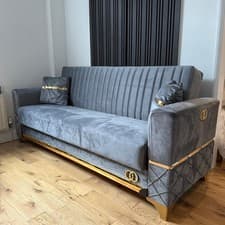 Image of Brand New 3 Seater Sofa Bed + Storage. Grey Gold Velvet. 2 pillows High Quality