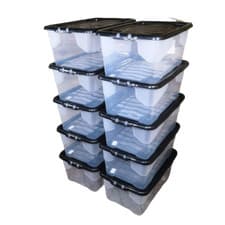 Image of 10 x 42L Clear Storage Box, Black Lid, Stackable and Nestable Storage Solution
