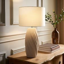 Image of Lydia Tall Swirl Matte Ceramic Natural Table Lamp Linen Drum Shade Lounge Light