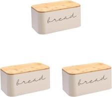 Image of Stylish Cream Metal Bread Bin Set with Bamboo Lids - Pack of 3