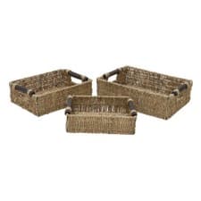 Image of JVL Seagrass Hand Woven Set of 3 Rectangular Storage Baskets with Wooden Handles