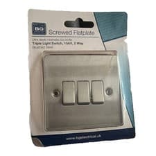Image of BG Brushed Steel Screwed Flat plate Triple Light Switch 10AX 2way New Sealed