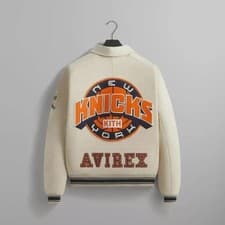 Image of Men's Avirex X Kith Knicks Bomber Leather Varsity Jacket New York Cream Coat