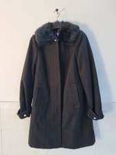 Image of V By Very Coat Faux Fur Collar Black Trench Coat Size UK 12.