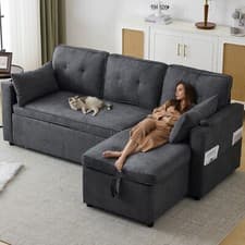 Image of Cotton Linen Corner Sofa Pull Out Sofa Bed with Storage & Reversible Chaise Grey