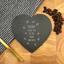 Image of Personalised Slate Heart Coaster I Love You To The Moon & Back Valentines Day