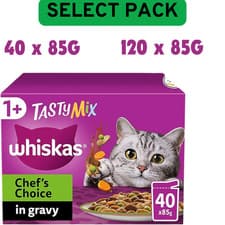 Image of 120 x 85g Whiskas 1+ Chef's Choice Mix Mixed Adult Wet Cat Food Pouches in Gravy