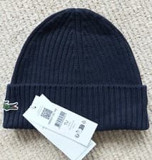 Image of Genuine LACOSTE Navy Marine 100% Wool BEANIE Hat Unisex Tags RB0001 Laine Lac4