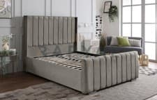 Image of OTTOMAN STORAGE BED PANEL PLUSH VELVET UPHOLSTERED BED FRAME- WINGED HEADBOARD
