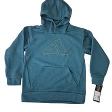 Image of Adidas Hoodie Kids 7 Extra Small Teal Blue Pullover Fleece Kangaroo Pocket Logo