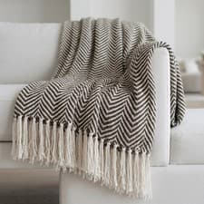 Image of Cotton Herringbone Throw Large Natural Fringe Tassel Sofa Bed Chair Blanket New