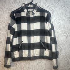Image of Christopher & Banks Petite S Plaid Bomber Jacket Black White Zip Front Collar