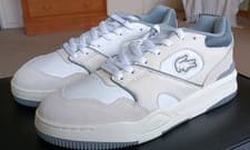 Image of Lacoste Lineshot Leather  & Suede Trainers Men Size 8 UK White Grey Beige New