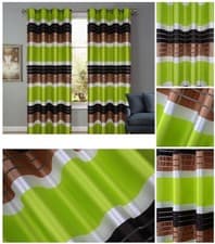 Image of Striped Eyelet Curtains Pair – Ready Made Green / Brown/ White EYELET RING TOP