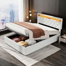 Image of WHITE STORAGE OTTOMAN BED PANEL UPHOLSTERED NEW FRAME FABRIC LED SIZE DOUBLE