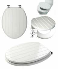Image of Tongue & Groove Toilet Seat White & Grey MDF WC Loo Seat Stainless Steel Hinges