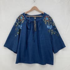 Image of Olivia & Martin Shirt Womens 1X Blue Embroidered Boho Peasant 3/4 Sleeve Tunic