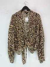 Image of Next Brown Leopard Print Blouse Metallic Sheer Tie Front Long Sleeve XL NEW