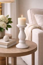 Image of Ceramic Stone Effect Pillar Candle Holder 23cm – Rustic Farmhouse Style - Small