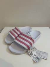 Image of Adidas Adilette Aqua model Slides Size uk 6 white with pink stripes BNWOB