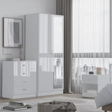 Image of Modern 3 Piece White Bedroom Furniture Set – Wardrobe, Chest & Bedside