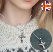 Image of Ladies Classic Silver Oval Cut Diamond Cross Pendant Chain Necklace High Quality