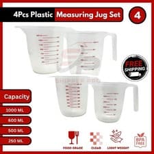 Image of 4PCS Plastic Measuring Jug Set 250ml–1000ml BPA-Free Kitchen Multi Purpose Cups