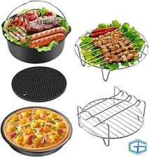 Image of AIR FRYER ACCESSORIES SET 5 PIECE CAKE PAN PIZZA PAN METAL HOLDER RACK MAT