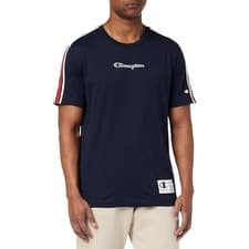 Image of CHAMPION MEN'S LEGACY CONTRAST DETAILS T-SHIRT TEE TOP NAVY LINEAR LOGO NEW BNWT