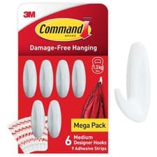 Image of Command Medium Designer Hooks White Pack of 6 Hooks and 9 Adhesive Strips Damage