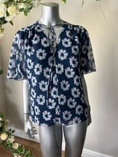 Image of TED BAKER Blouse Top Womens TB2 UK 10 Blue Floral Chiffon Lined Short Sleeve NEW